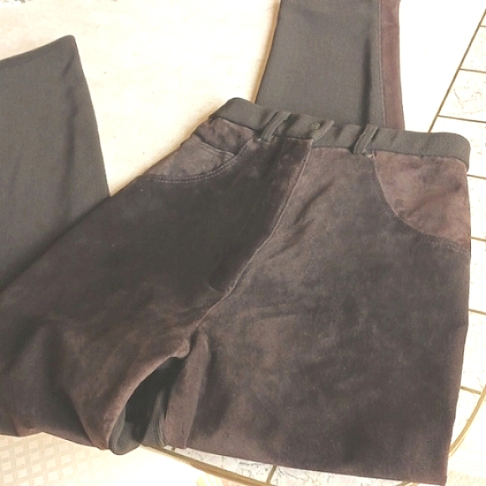 Women's pants- vintage Cache, brown suede front- brown  fine ribbed back